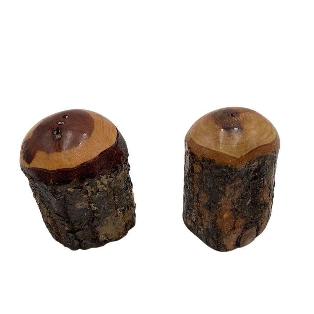 Vintage Wooden‎ Tree Bark Salt & Pepper Shaker Set Rustic Unique